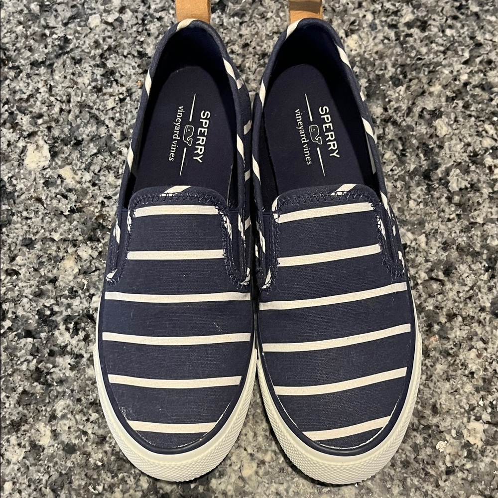 Sperry Women’s Blue and White Striped Loafers